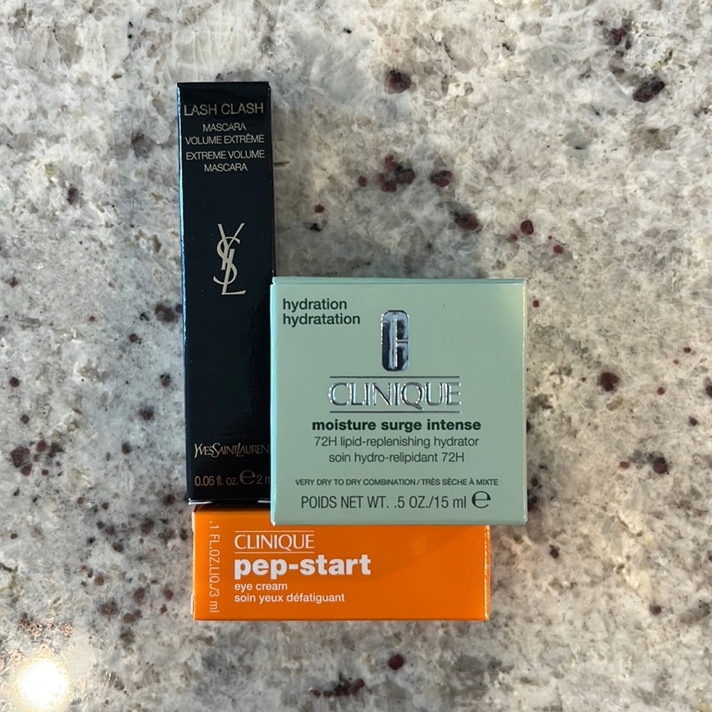 Clinique moisture surge intense, Clinique pep start eye cream, YSL lash clash